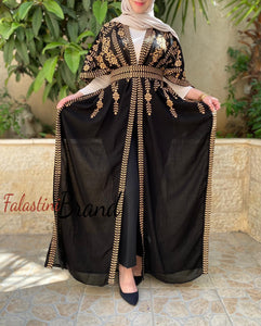 Black & Golden Embroidered Open Abaya