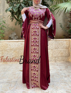 Maroon Satin Flowy Thob Dress With  Gorgeous Embroidery