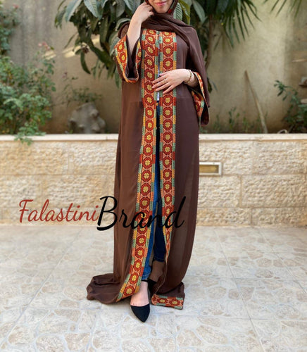 Inash - Unique Sheer Hand Embroidered Brown Abaya