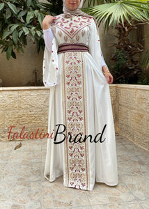 White Satin Flowy Thob Dress With Golden Gorgeous Embroidery
