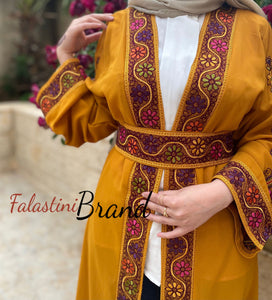 Mustard Malak Design Abaya with Flowers Embroidery