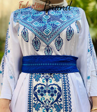 White Satin Flowy Thob Dress With Blue Gorgeous Embroidery