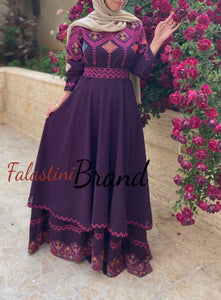Elegant Purple Palestinian Embroidered Cloche Layered Dress