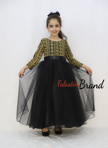 Little Girl Cloche Palestinian Golden Embroidered Black Dress