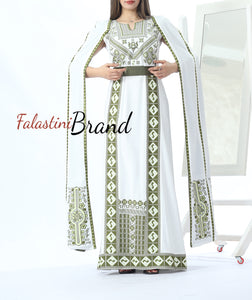 Stunning White And Green Royal Sleeve Palestinian Embroidered Dress