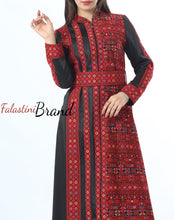 Stunning Black And Red Smooth Satin Palestinian Embroidered Abaya Dress
