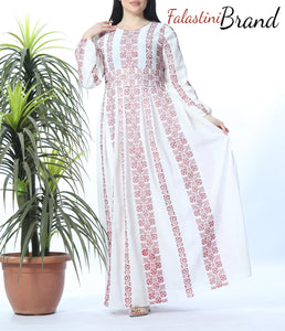 Stunning Multi Lines White And Red Palestinian Embroidered Thobe Dress Palestinian Design And Embroidery