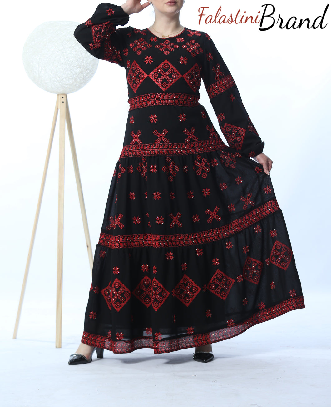Stunning Black And Red Cloche Long Dress Palestinian Embroidery