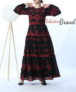 Stunning Black And Red Cloche Long Dress Palestinian Embroidery