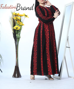 Stunning Multi Lines Black And Red Palestinian Embroidered Thobe Dress Palestinian Design And Embroidery