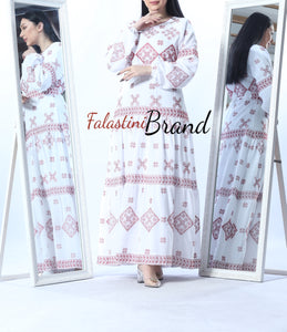 Stunning White And Red Cloche Long Dress Palestinian Embroidery