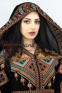 Wonderful Traditional Like Black Satin Queen Thobe Embroidered Palestinian Dress