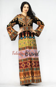 Wonderful Traditional Like Black Satin Queen Thobe Embroidered Palestinian Dress