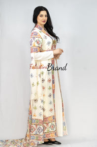 Stylish Long Tail Off-White Palestinian Embroidered Henna Dress