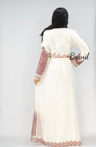 Marvelous White and Red Palestinian Embroidered Kaftan Dress
