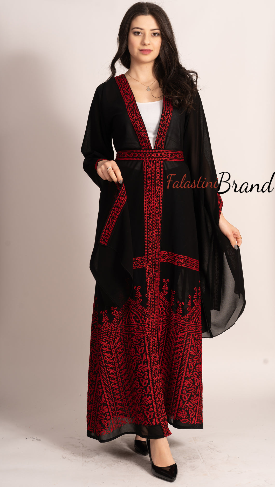 Wonderful Palestinian Black & Red Georgette Embroidered Open Abaya Long Slit Sleeve