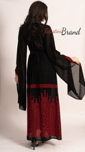 Wonderful Palestinian Black & Red Georgette Embroidered Open Abaya Long Slit Sleeve
