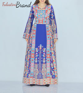 Amazing Blue Malak Palestinian Embroidered Thobe Dress With Astonishing Embroidery