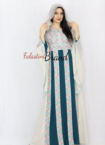 Stylish Cream Color Turquoise  Stripes Palestinian Embroidered Dress Thobe