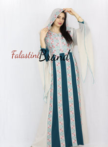 Stylish Cream Color Turquoise  Stripes Palestinian Embroidered Dress Thobe
