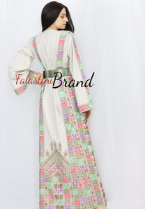 Elegant Cream Color Greenish Palestinian Embroidered Dress Thobe