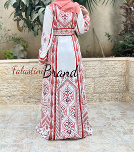 Dazzling Palestinian White Embroidered Thobe Stylish Palestinian Embroidery