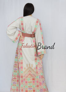 Elegant Cream Color Brown Red Palestinian Embroidered Dress Thobe