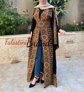 Black Golden Georgette Embroidered Open Abaya Kaftan Maxi Dress Long Split Sleeve