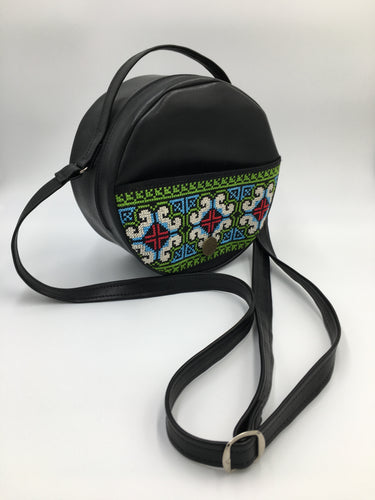 Round Hand embroidered black leather handbag with amazing embroidery