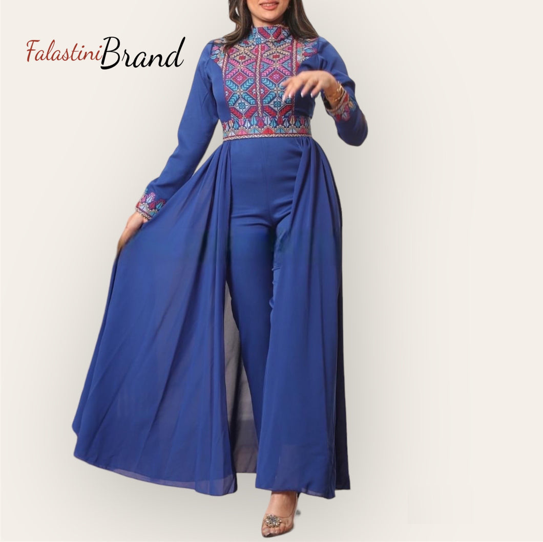 Stylish Blue Jumpsuit Dress Floral Palestinian Embroidery