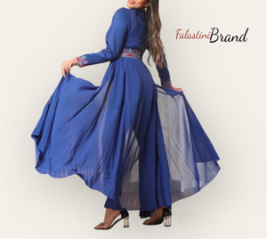 Stylish Blue Jumpsuit Dress Floral Palestinian Embroidery