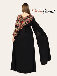 Elegant Black and Golden Shoulder Details Embroidered Dress