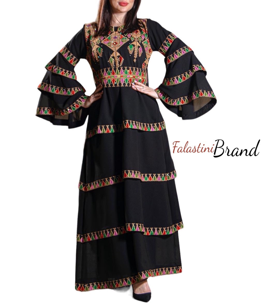 Stunning Black and Golden Ruffles Embroidered Dress
