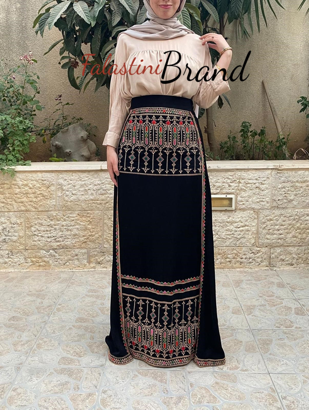 Amazing Black Maxi Golden Embroidered Skirt with Back Layer
