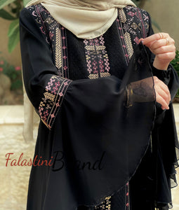 Soft Stunning Palestinian Embroidered Zipper Detail Abaya Orange Embroidery Ruffled Cu