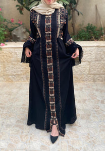 Soft Stunning Palestinian Embroidered Zipper Detail Abaya Orange Embroidery Ruffled Cuffs