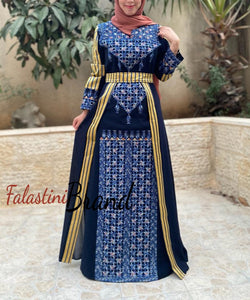 Wonderful Navy Blue Embroidered Thob with Kashmir Details and Attached Skirt