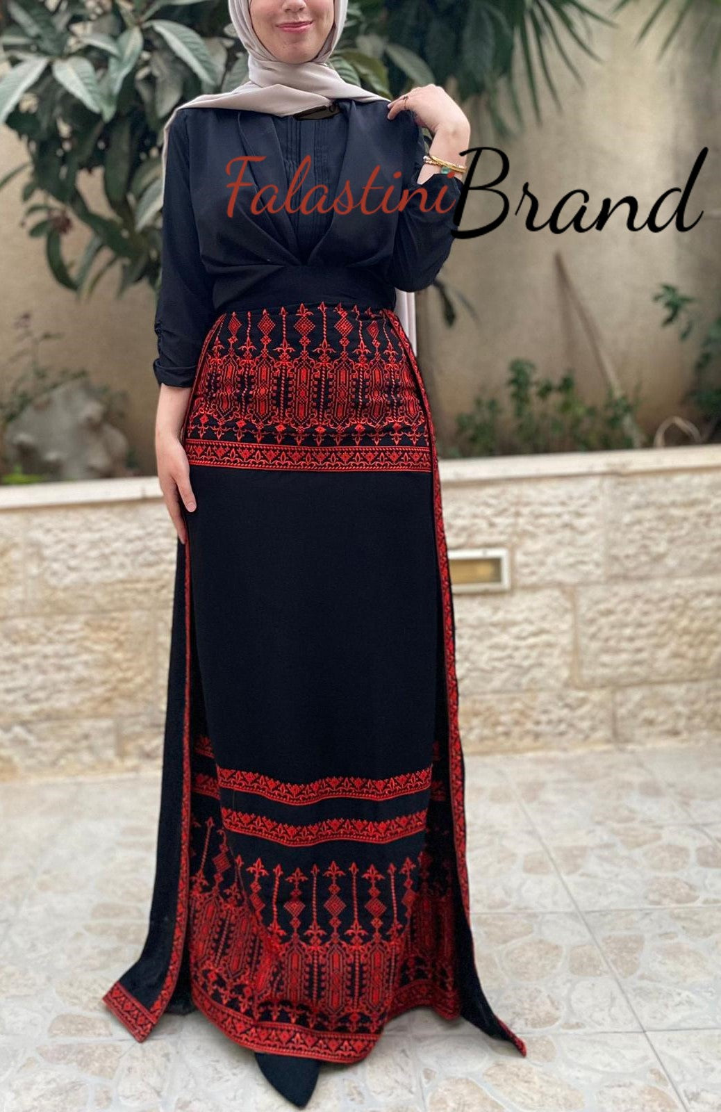 Amazing Black Maxi  Red Embroidered Skirt with Back Layer