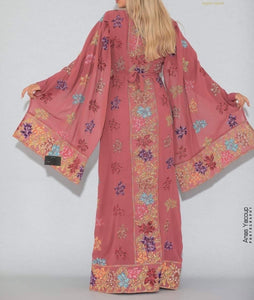 Distinctive Pink Grape Leaves Palestinian Embroidered Colorful Zippered Abaya Slit Sleeve